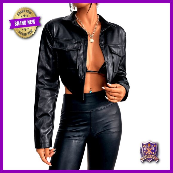 PU Leather Cropped Jacket Casual Button Front Asymmetrical Hem Bust Pocket